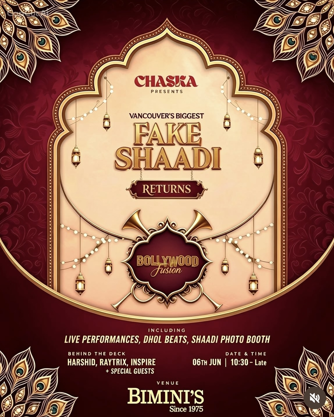 Event poster for Fake Shaadi Returns, Biminis Pub, Vancouver