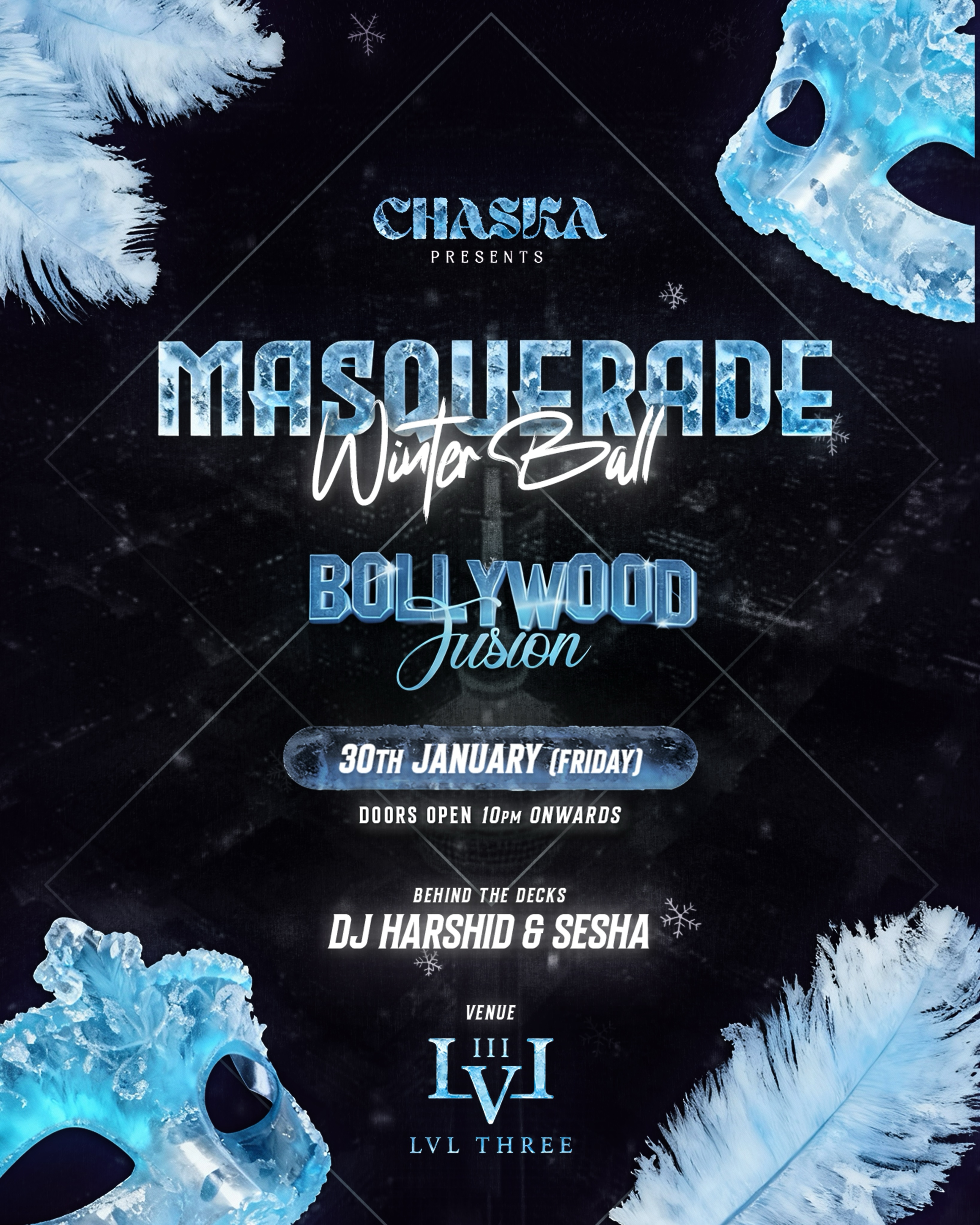 Event poster for Masquerade Winter Ball, LVL Three, Calgary