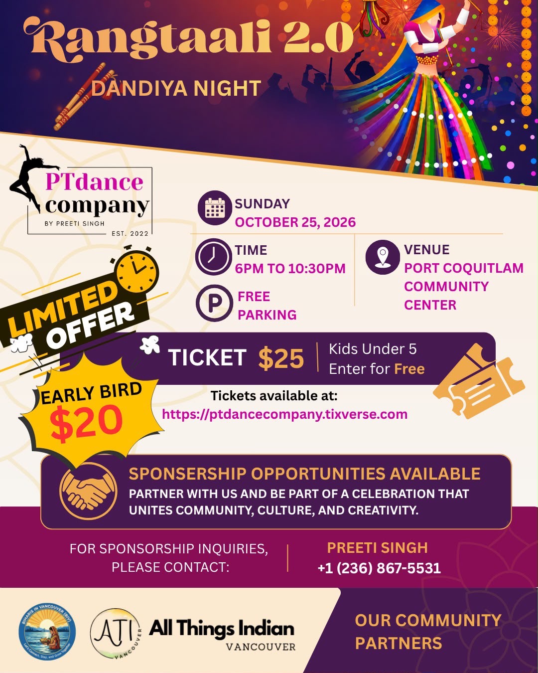 Event poster for Rangtaali 2.0 (Dandiya Night), Port Coquitlam Community Center